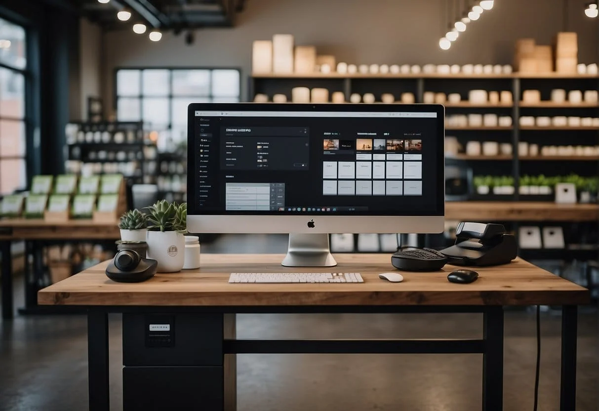 A computer with Squarespace and Shopify websites on the screen, shelves with products, and a cash register on a clean, modern store counter