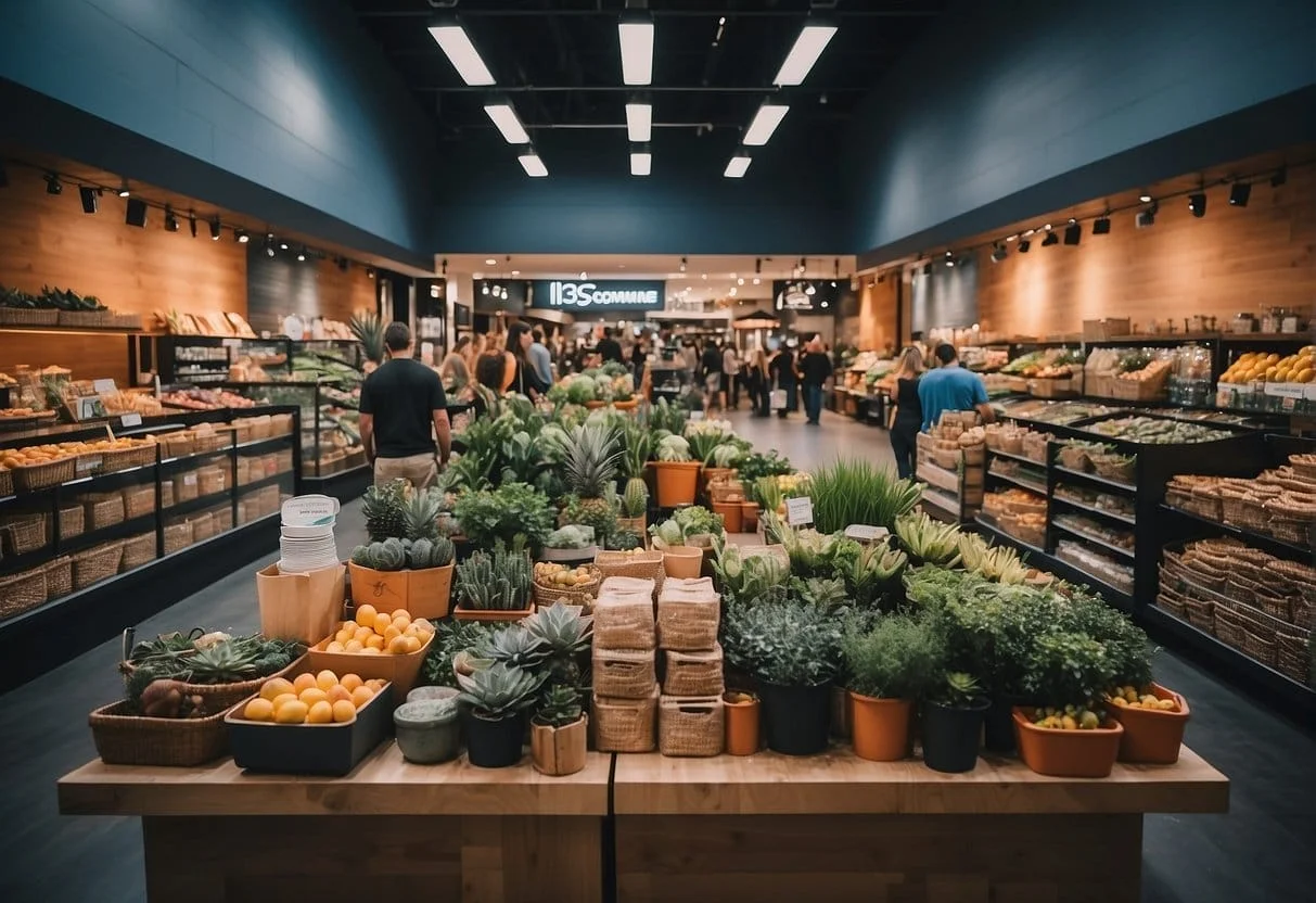 A bustling marketplace with a variety of products and customers, showcasing the performance and scalability of BigCommerce and Magento platforms