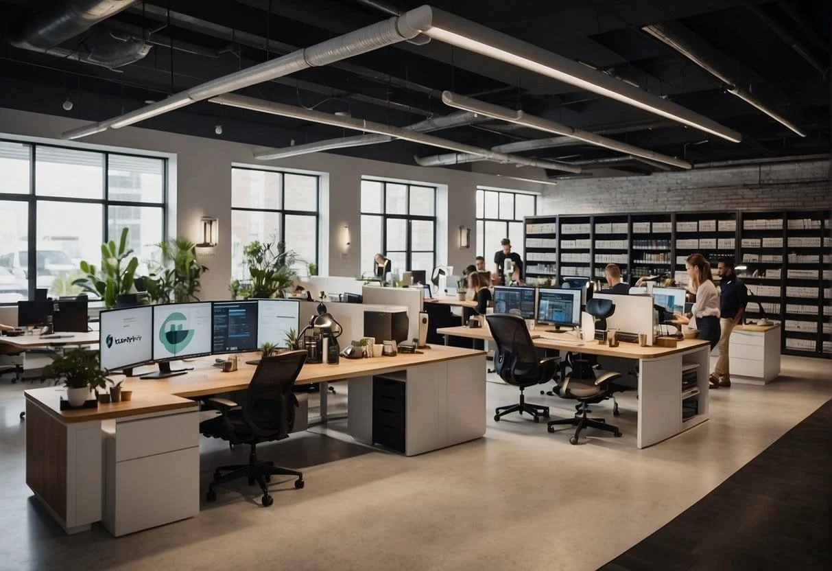 A bustling office with employees assisting clients, shelves stocked with resources, and logos of Shopify Plus and BigCommerce Enterprise displayed prominently