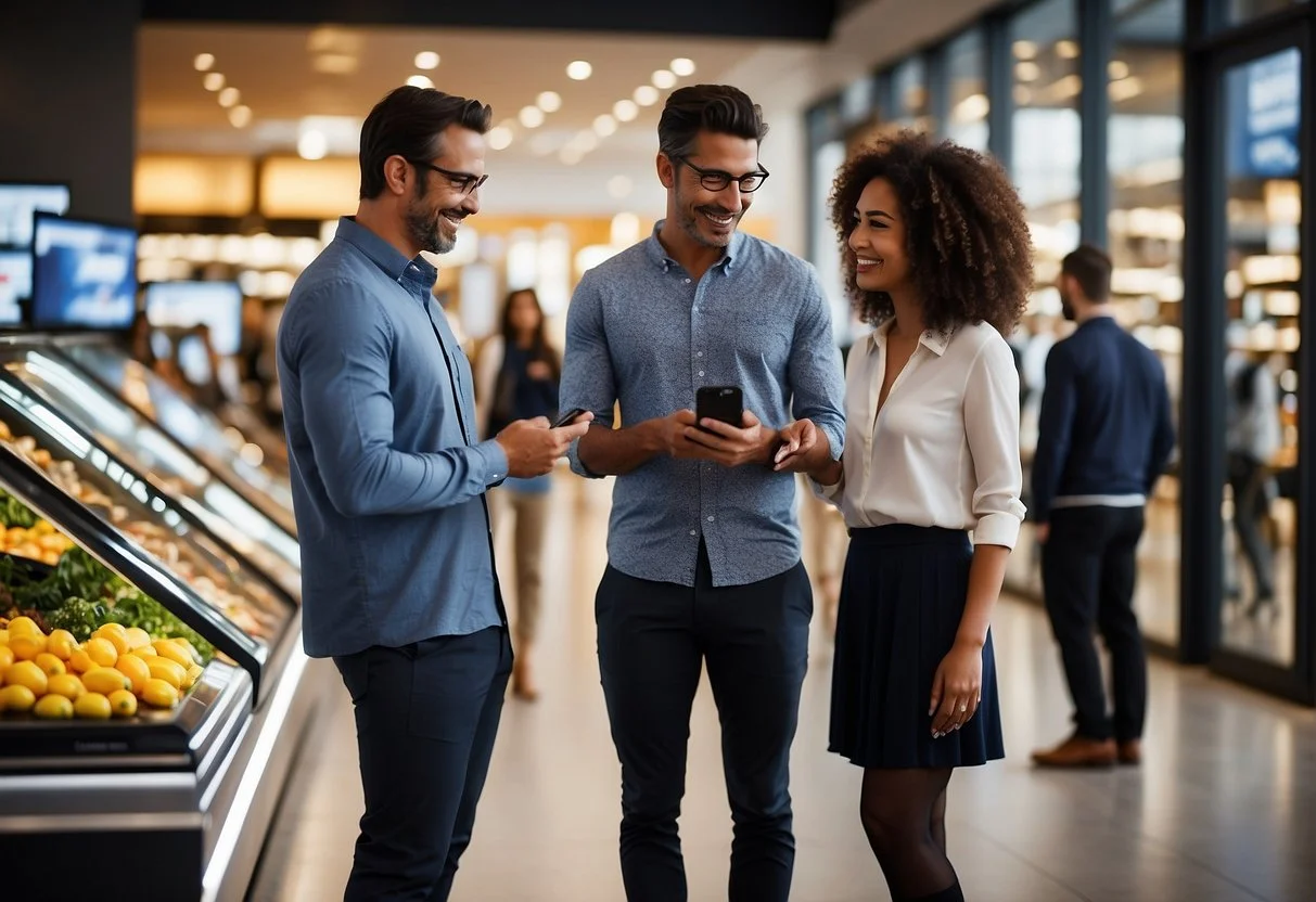 A diverse group of customers interacting with various digital and physical touchpoints, such as mobile apps, websites, and in-store displays, while receiving personalized and seamless experiences