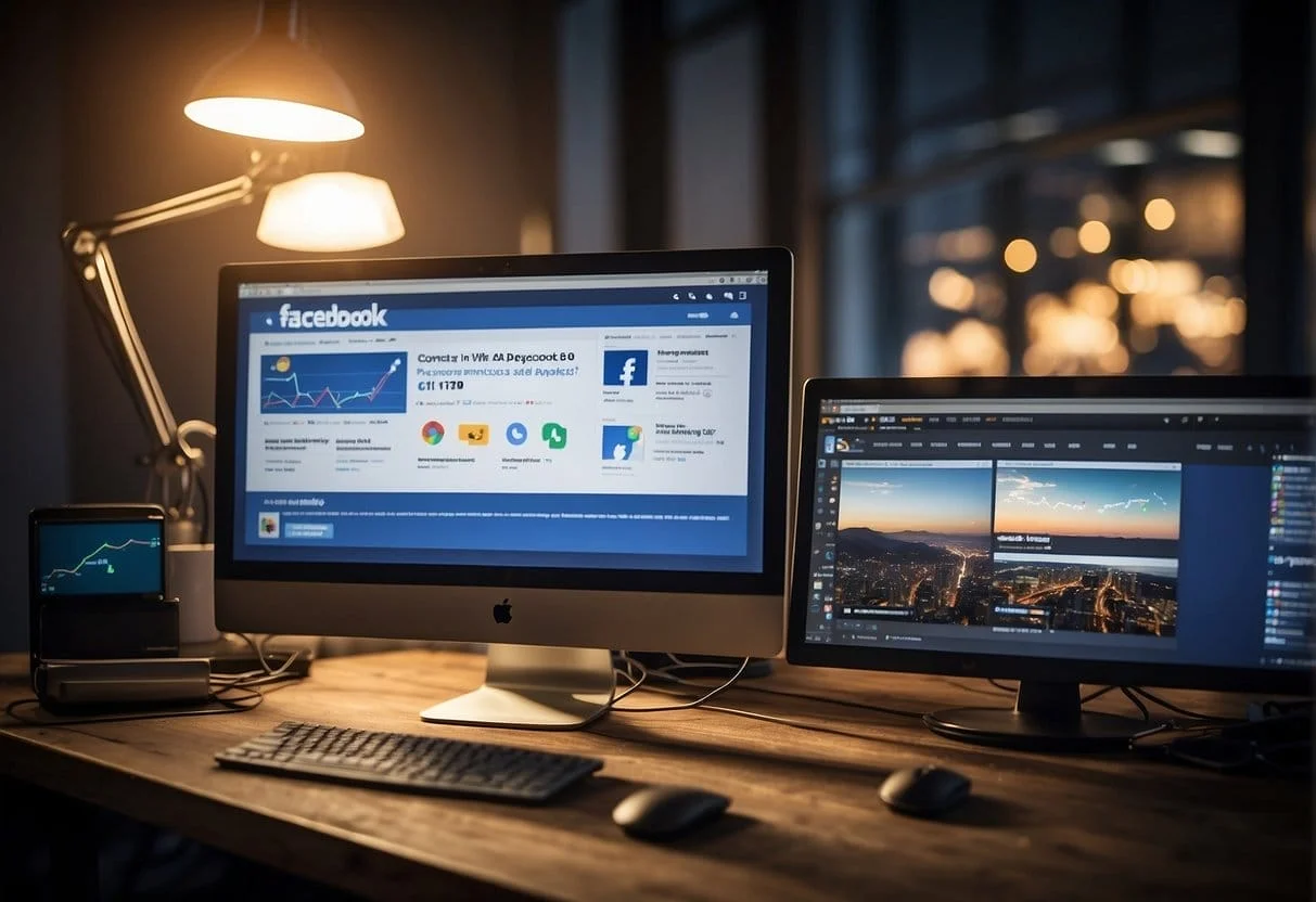A computer screen displaying various Facebook ad campaigns with graphs and charts for optimization