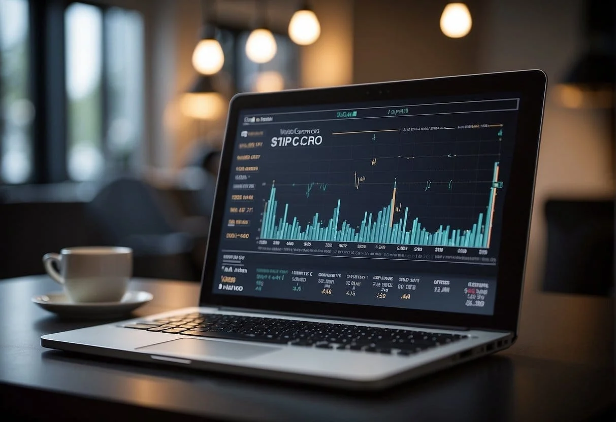 The scene depicts a computer screen with a formula for conversion rate optimization (CRO) displayed. A graph showing the relationship between conversions and total visitors is also visible