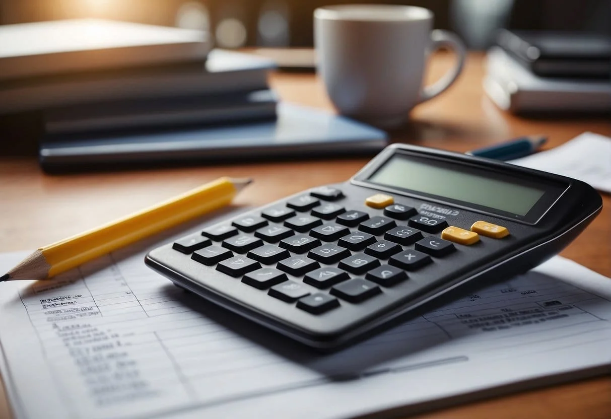 A calculator and a pencil on a desk, with a piece of paper showing LTV calculations