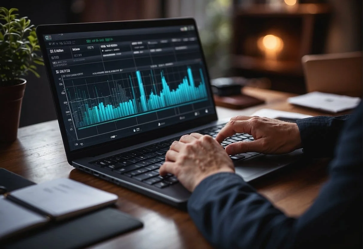 A computer screen displaying various graphs and charts, with a person's hand typing on a keyboard to input and analyze data for marketing purposes