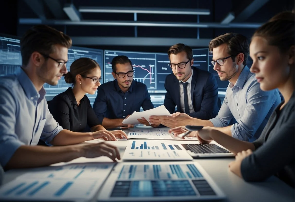 A group of people analyzing charts and graphs, surrounded by data sets and computers, with a strong emphasis on collaboration and teamwork