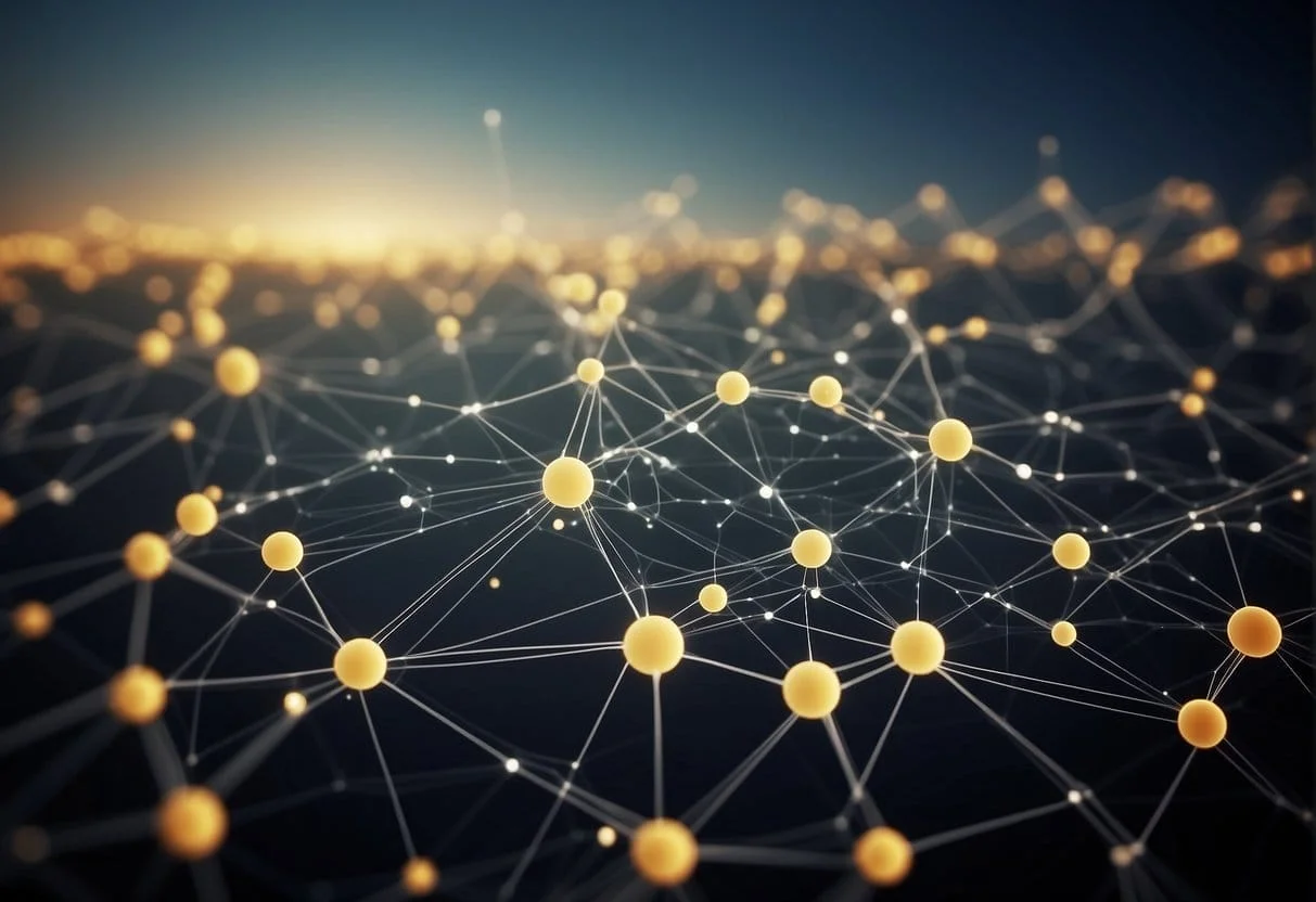 A network of interconnected data points flows through a complex system, visualized as a web of lines and nodes, representing the technical aspects of data insight