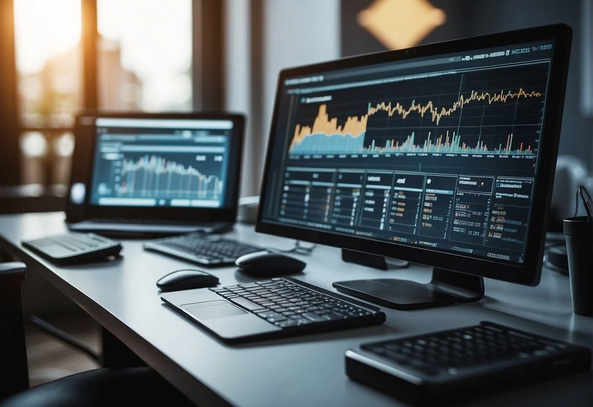 A computer screen displaying ecommerce data with charts and graphs, surrounded by various digital devices and tools for analytics