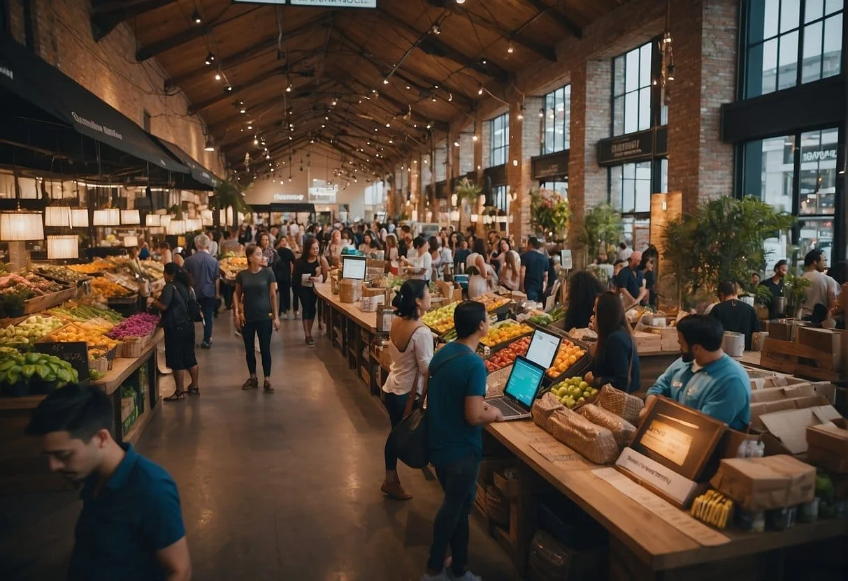 A bustling marketplace with colorful signs for "Shopify Plus" and "BigCommerce Enterprise" tools. Customers browse and compare features, while sales reps engage in lively discussions