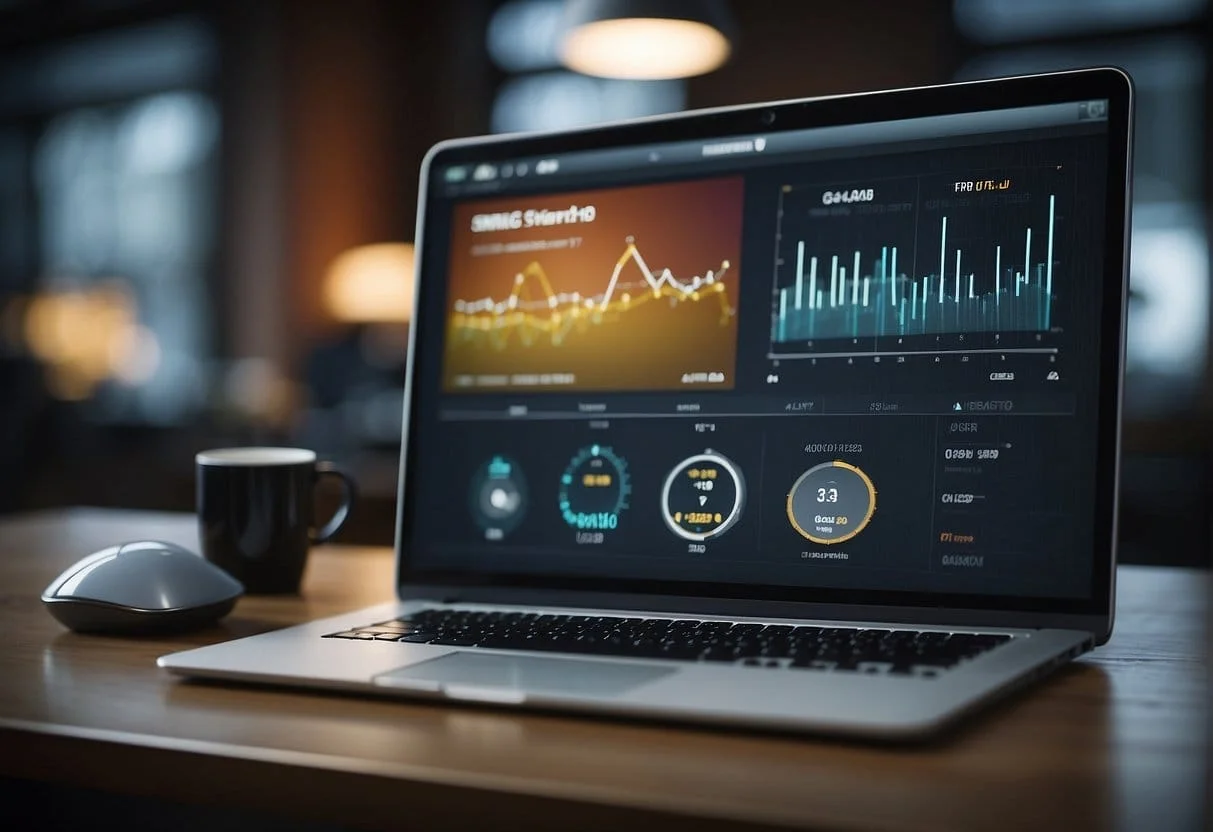 A computer screen displays the GA4 dashboard with UTM parameters being inputted, while a mouse hovers over the Save button