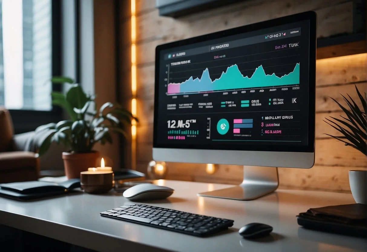 A computer screen displaying TikTok ad performance data with UTM parameters. Graphs and charts show engagement and conversion metrics
