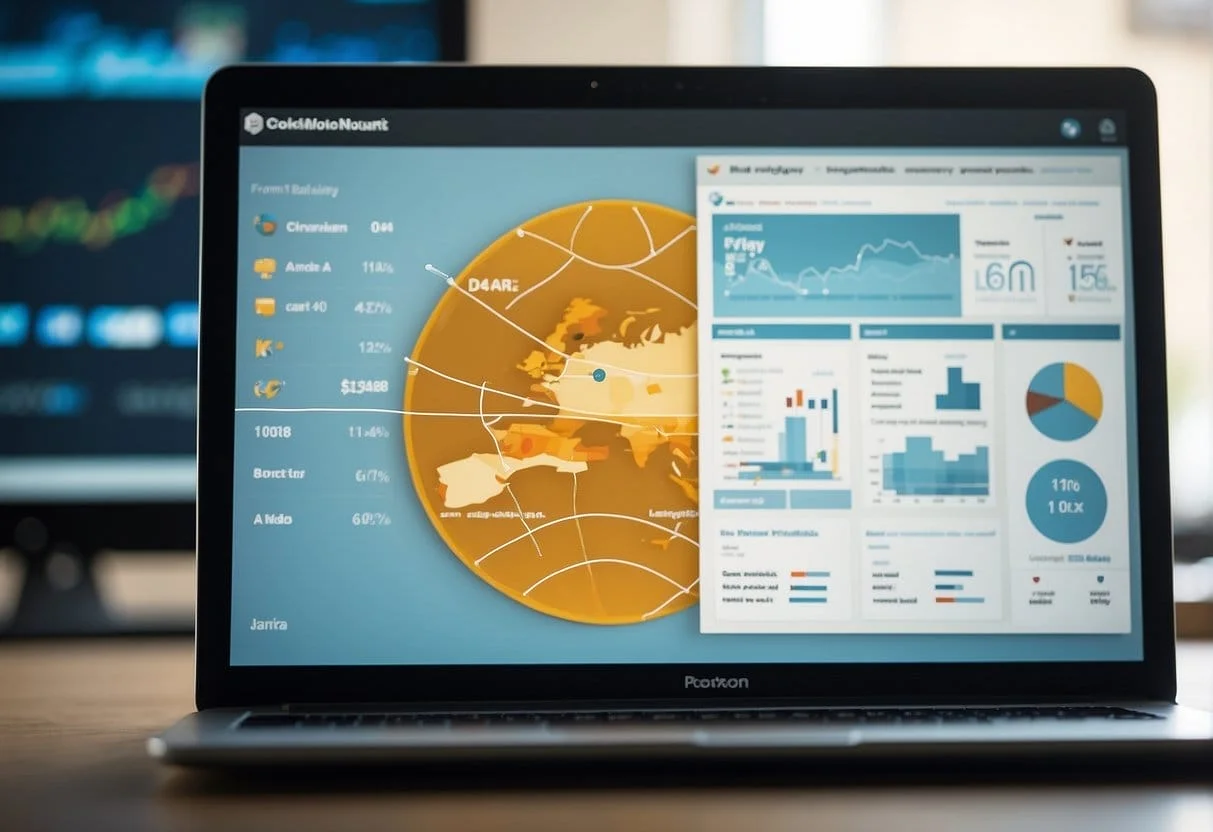 A computer screen with a graph showing website traffic, a cookie icon crossed out, and a globe representing global data privacy regulations