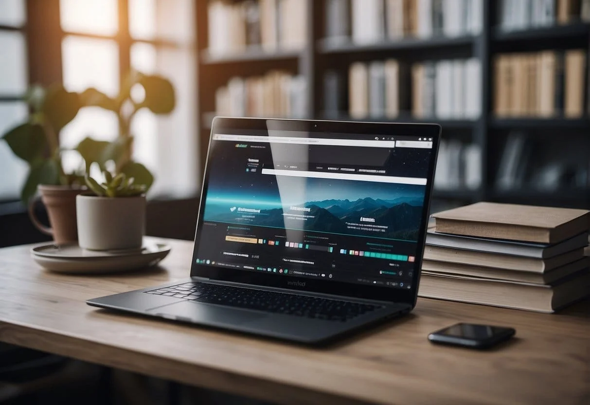A sleek laptop sits on a minimalist desk, surrounded by stacks of books on digital marketing and affiliate programs. A chart on the wall displays rising commission rates