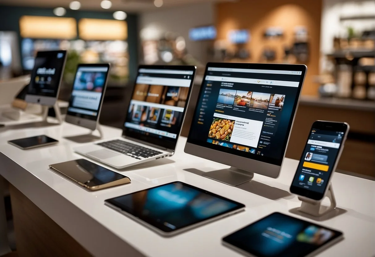 A smartphone, laptop, and storefront display all showcasing the same brand's marketing content. Customers seamlessly transition between online and in-store experiences