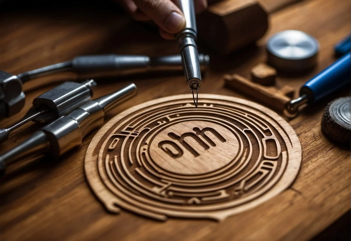 A brand logo being carefully etched into a piece of wood, surrounded by various tools and materials used for crafting