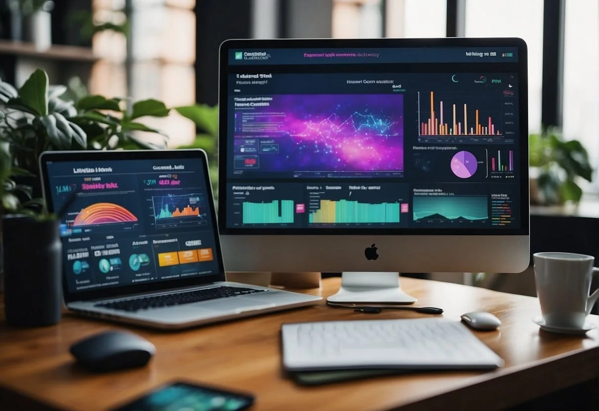 A computer with a vibrant and engaging ad campaign displayed on the screen, surrounded by various marketing materials and analytics charts